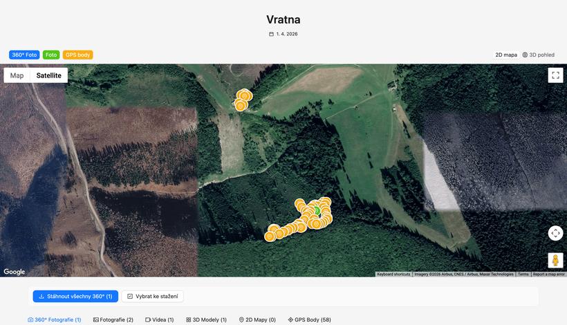 Aplikace 360map — geodetické GPS body na mapě projektu