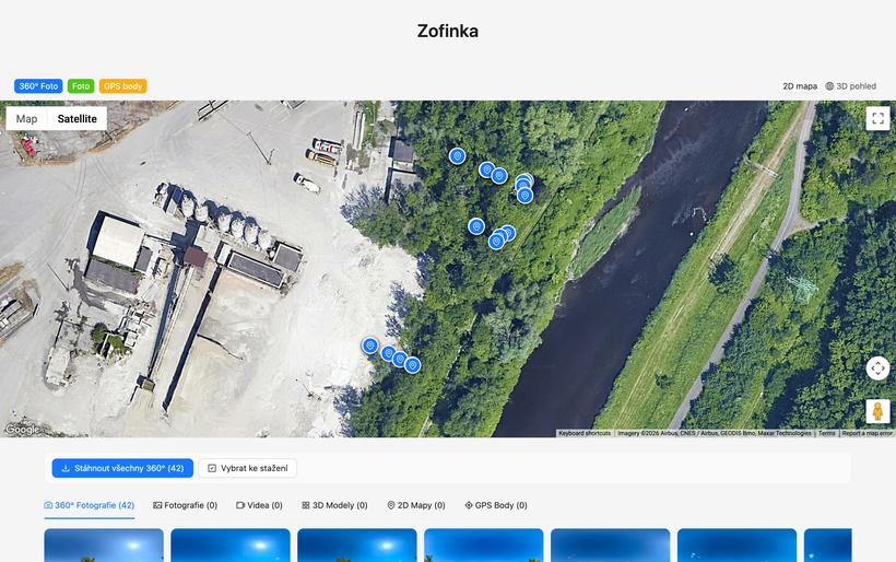 Aplikace 360map — projekt na satelitní mapě s body 360° fotografií